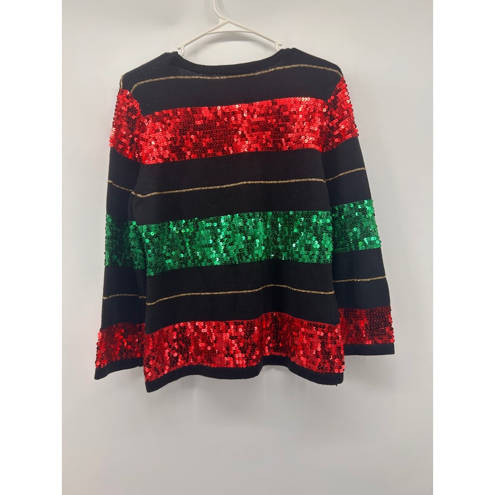 Berek Vintage Christmas Sequin Stripe Sweater Black Red Green Gold Womens Large